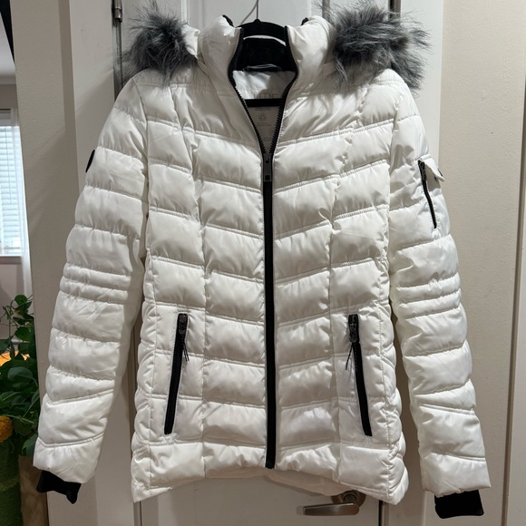 Nautica White Faux Fur Trim Hooded Puffer Coat - Picture 6 of 17